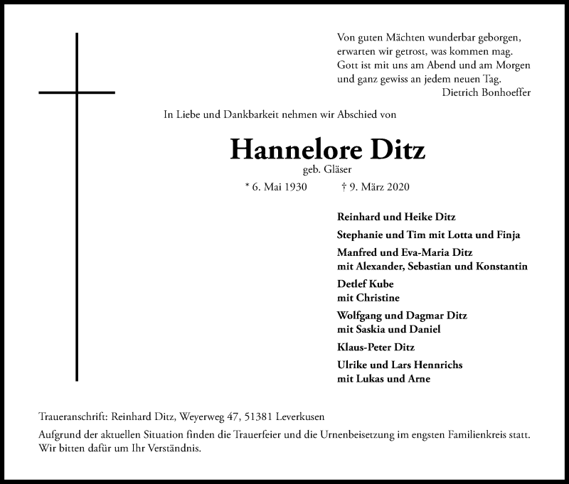  Traueranzeige für Hannelore Ditz vom 21.03.2020 aus Kölner Stadt-Anzeiger / Kölnische Rundschau / Express