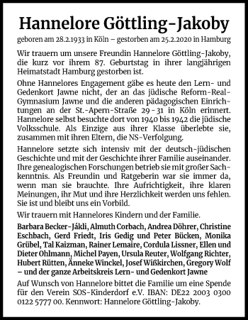 Anzeige von Hannelore Göttling-Jakoby von Zeitungsgruppe Köln