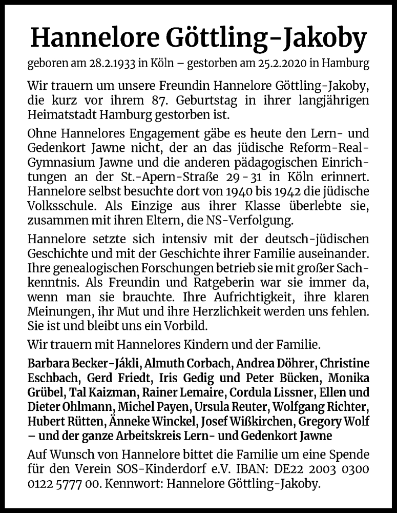  Traueranzeige für Hannelore Göttling-Jakoby vom 14.03.2020 aus Zeitungsgruppe Köln