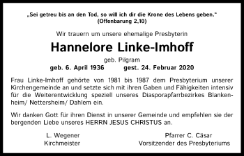 Anzeige von Hannelore Linke-Imhoff von Kölner Stadt-Anzeiger / Kölnische Rundschau / Express