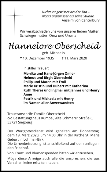 Anzeige von Hannelore Oberscheid von Zeitungsgruppe Köln