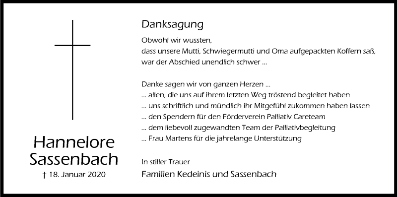  Traueranzeige für Hannelore Sassenbach vom 14.03.2020 aus Zeitungsgruppe Köln