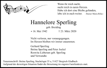 Anzeige von Hannelore Sperling von Kölner Stadt-Anzeiger / Kölnische Rundschau / Express
