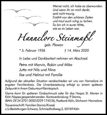 Anzeige von Hannelore Steinmaßl von Kölner Stadt-Anzeiger / Kölnische Rundschau / Express