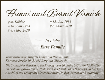 Anzeige von Hanni Virnich von  Bergisches Handelsblatt 