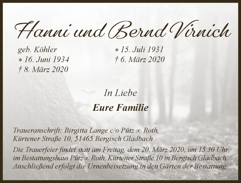  Traueranzeige für Hanni Virnich vom 18.03.2020 aus  Bergisches Handelsblatt 