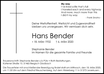 Anzeige von Hans Bender von Zeitungsgruppe Köln