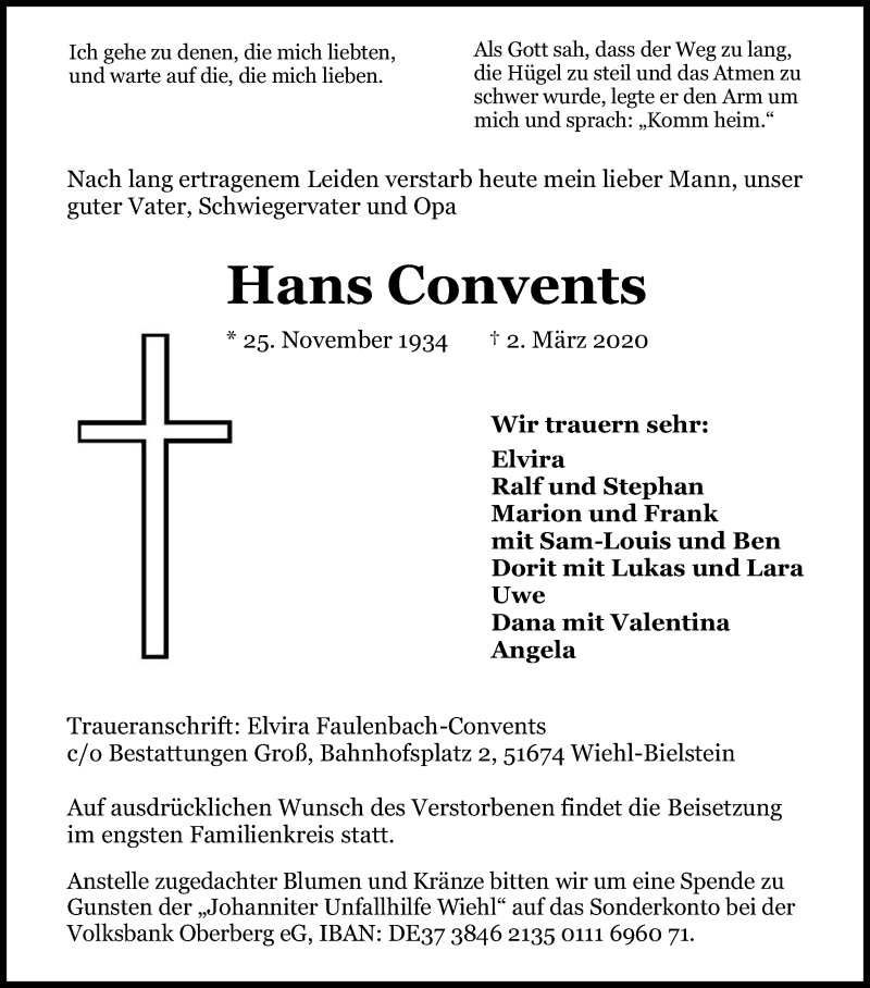  Traueranzeige für Hans Convents vom 05.03.2020 aus Kölner Stadt-Anzeiger / Kölnische Rundschau / Express
