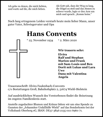 Anzeige von Hans Convents von Kölner Stadt-Anzeiger / Kölnische Rundschau / Express