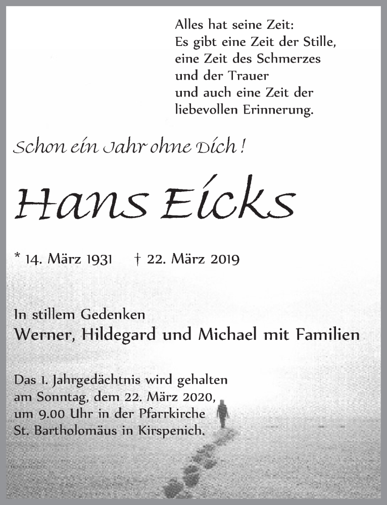  Traueranzeige für Hans Eicks vom 14.03.2020 aus  Blickpunkt Euskirchen 