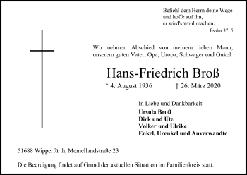 Anzeige von Hans-Friedrich BroÃŸ von Kölner Stadt-Anzeiger / Kölnische Rundschau / Express