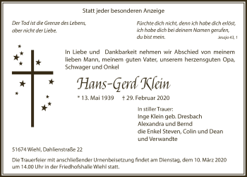 Anzeige von Hans-Gerd Klein von  Anzeigen Echo 