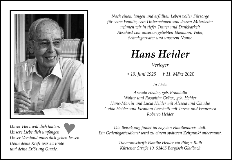  Traueranzeige für Hans Heider vom 19.03.2020 aus Zeitungsgruppe Köln