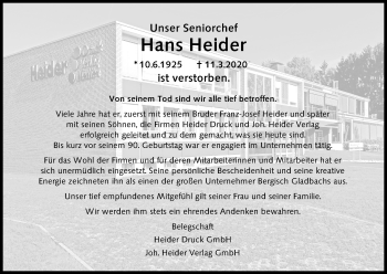 Anzeige von Hans Heider von Zeitungsgruppe Köln