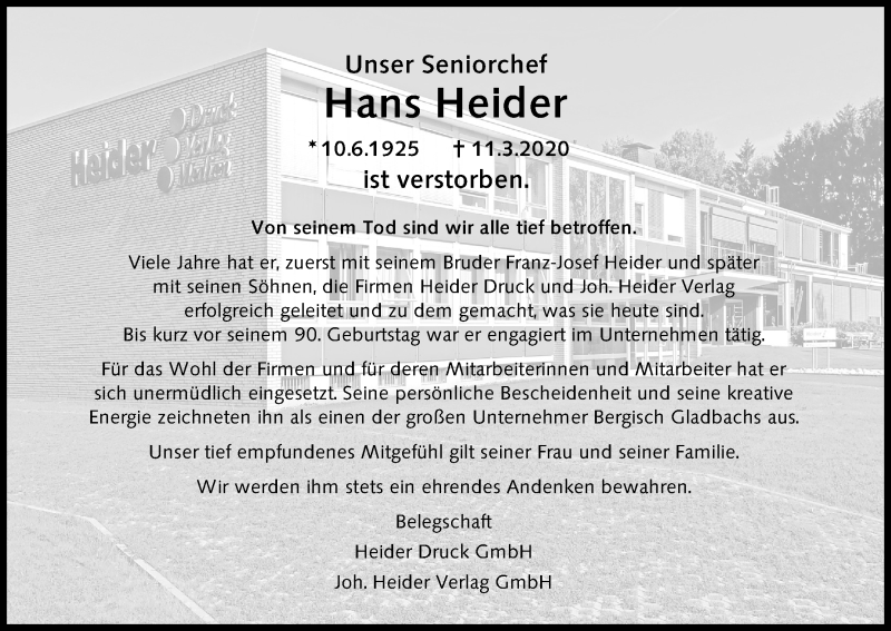  Traueranzeige für Hans Heider vom 19.03.2020 aus Zeitungsgruppe Köln