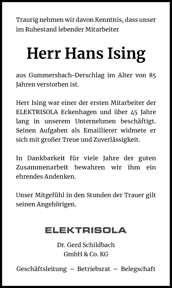  Traueranzeige für Hans Ising vom 21.03.2020 aus Kölner Stadt-Anzeiger / Kölnische Rundschau / Express