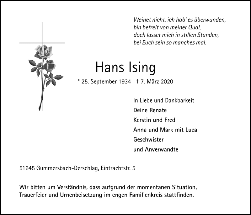  Traueranzeige für Hans Ising vom 18.03.2020 aus  Anzeigen Echo 