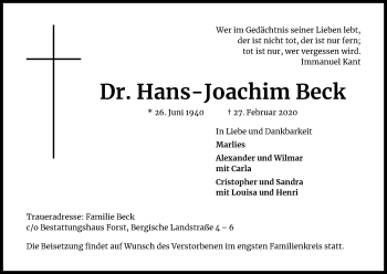 Anzeige von Hans-Joachim Beck von Zeitungsgruppe Köln