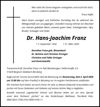 Anzeige von Hans-Joachim Franz von Kölner Stadt-Anzeiger / Kölnische Rundschau / Express