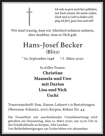 Anzeige von Hans-Josef Becker von  Werbepost 