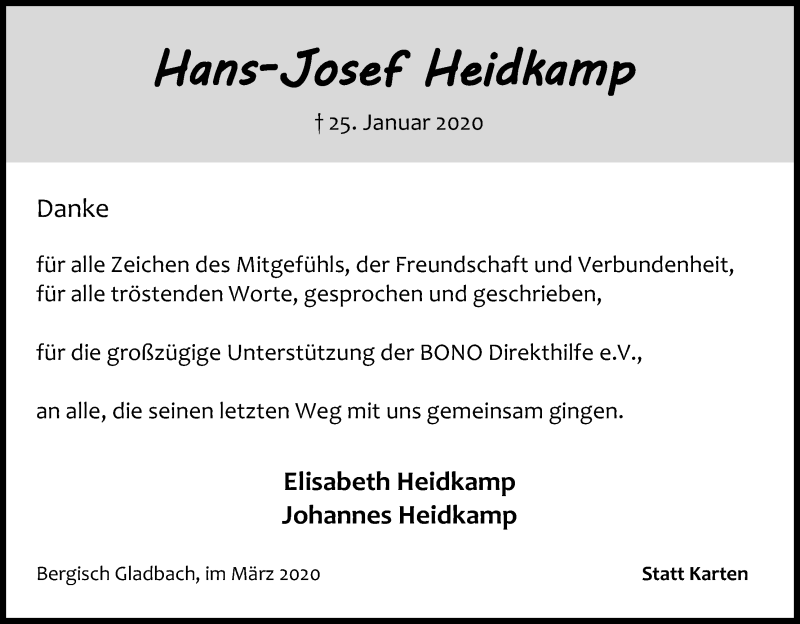  Traueranzeige für Hans-Josef Heidkamp vom 04.03.2020 aus Kölner Stadt-Anzeiger / Kölnische Rundschau / Express