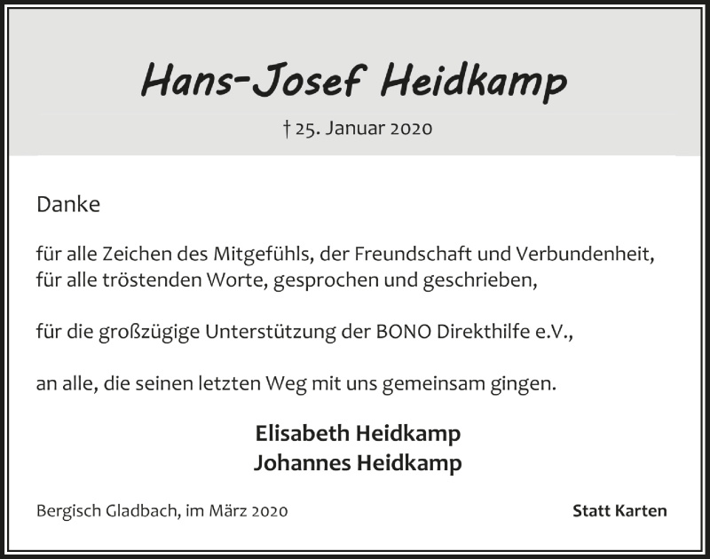  Traueranzeige für Hans-Josef Heidkamp vom 04.03.2020 aus  Bergisches Handelsblatt 