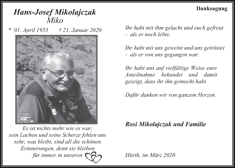  Traueranzeige für Hans-Josef Mikolajczak vom 04.03.2020 aus  Wochenende 