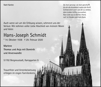 Anzeige von Hans-Joseph Schmidt von  Anzeigen Echo 