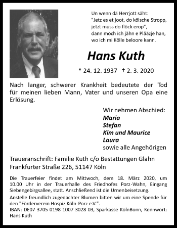 Anzeige von Hans Kuth von Kölner Stadt-Anzeiger / Kölnische Rundschau / Express