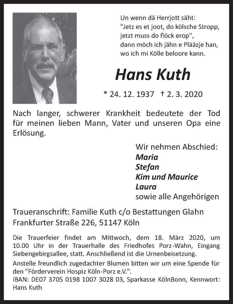  Traueranzeige für Hans Kuth vom 11.03.2020 aus  Kölner Wochenspiegel 