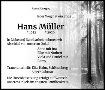Anzeige von Hans Müller von Kölner Stadt-Anzeiger / Kölnische Rundschau / Express