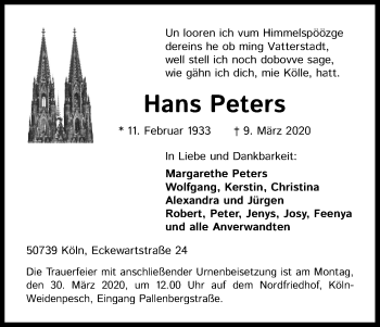 Anzeige von Hans Peters von Kölner Stadt-Anzeiger / Kölnische Rundschau / Express