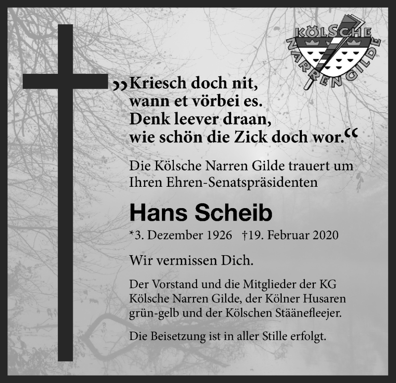  Traueranzeige für Hans Scheib vom 21.03.2020 aus Kölner Stadt-Anzeiger / Kölnische Rundschau / Express