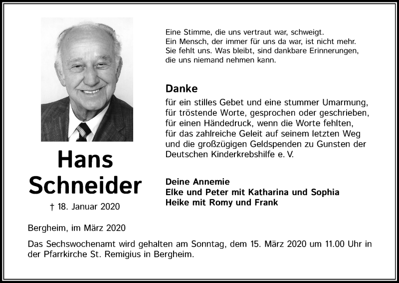  Traueranzeige für Hans Schneider vom 07.03.2020 aus Kölner Stadt-Anzeiger / Kölnische Rundschau / Express