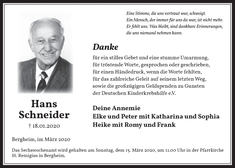  Traueranzeige für Hans Schneider vom 11.03.2020 aus  Werbepost 