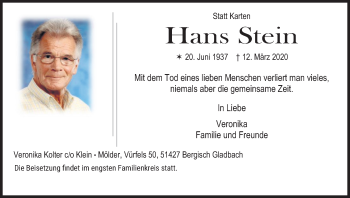 Anzeige von Hans Stein von Kölner Stadt-Anzeiger / Kölnische Rundschau / Express