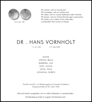 Anzeige von Hans Vornholt von Kölner Stadt-Anzeiger / Kölnische Rundschau / Express