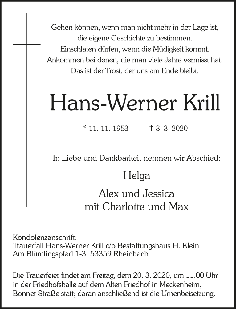  Traueranzeige für Hans-Werner Krill vom 11.03.2020 aus  Schaufenster/Blickpunkt 