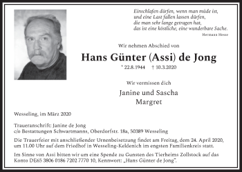 Anzeige von Hans Günter de Jong von  Schlossbote/Werbekurier 
