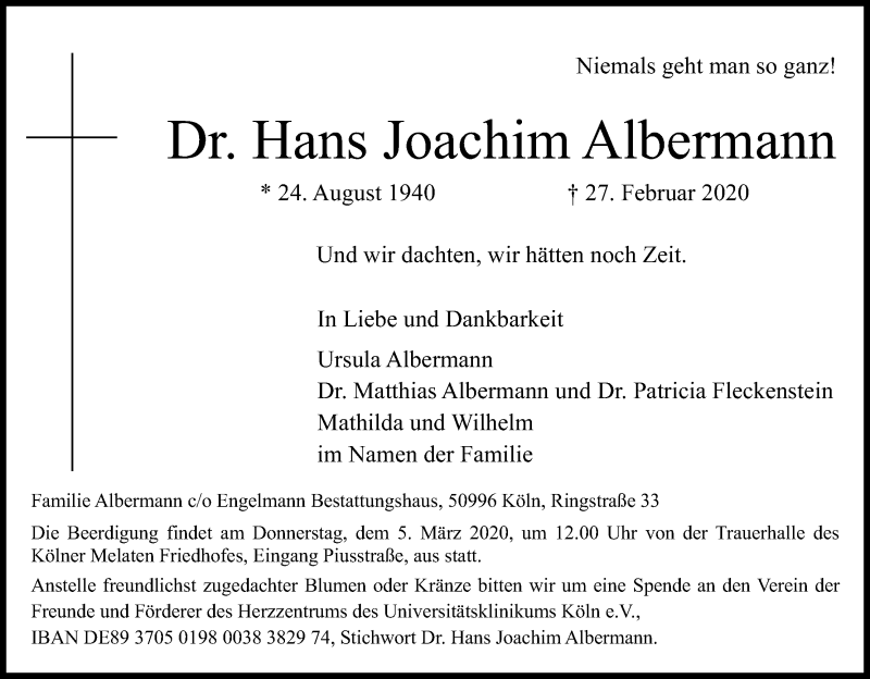  Traueranzeige für Hans Joachim Albermann vom 03.03.2020 aus Kölner Stadt-Anzeiger / Kölnische Rundschau / Express