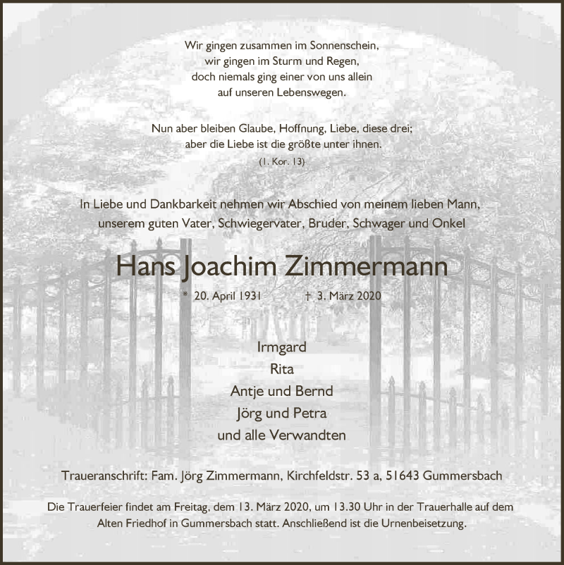  Traueranzeige für Hans Joachim Zimmermann vom 11.03.2020 aus  Anzeigen Echo 