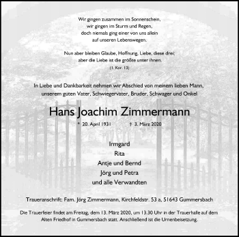 Anzeige von Hans Joachim Zimmermann von Kölner Stadt-Anzeiger / Kölnische Rundschau / Express