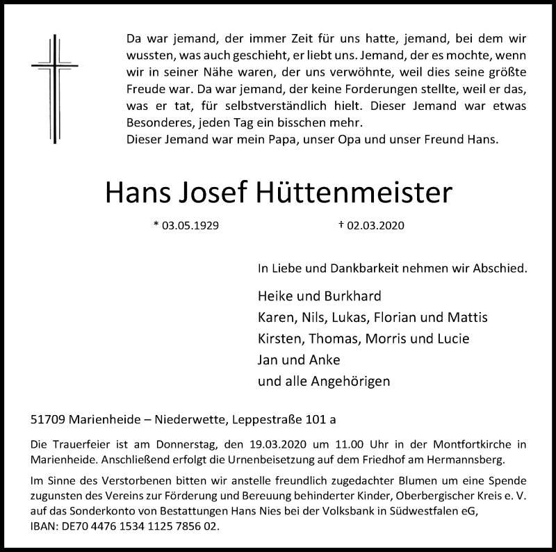  Traueranzeige für Hans Josef Hüttenmeister vom 14.03.2020 aus Zeitungsgruppe Köln