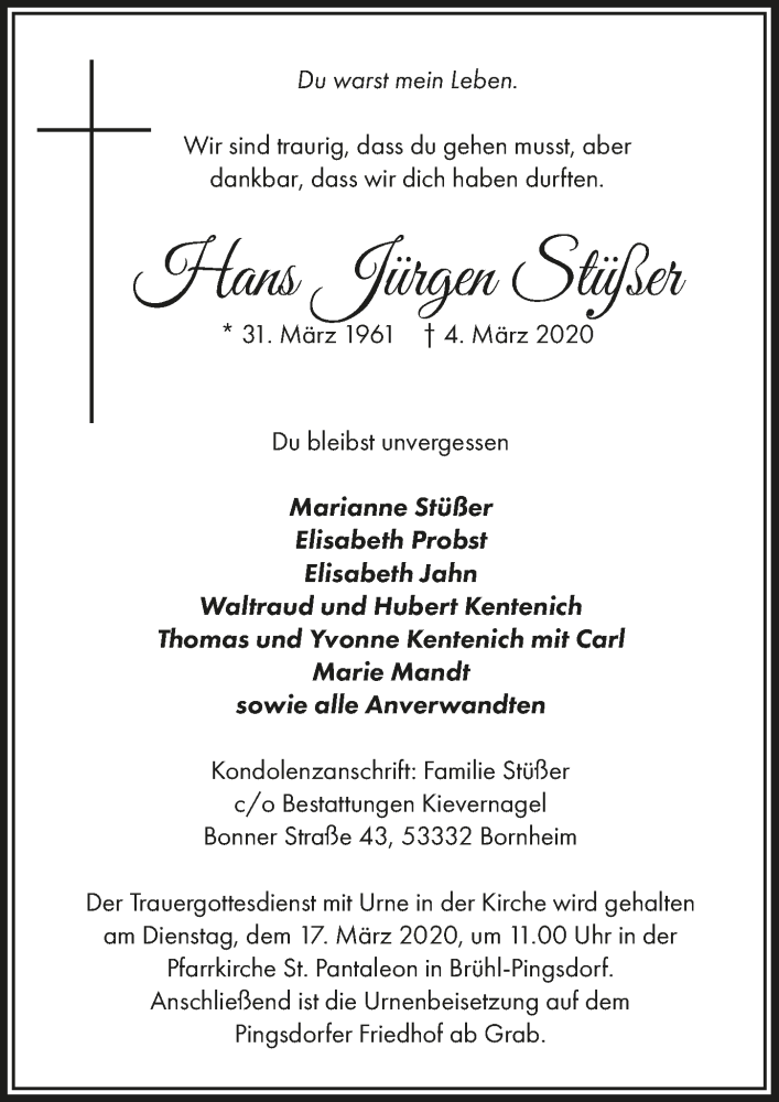  Traueranzeige für Hans Jürgen Stüßer vom 11.03.2020 aus  Schaufenster/Blickpunkt  Schlossbote/Werbekurier 