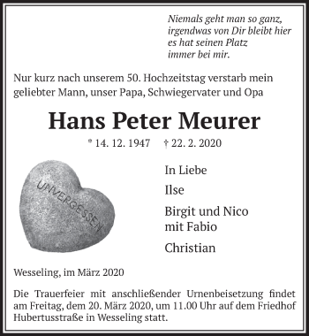 Anzeige von Hans Peter Meurer von  Schlossbote/Werbekurier 