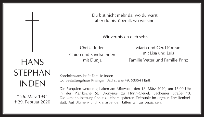  Traueranzeige für Hans Stephan Inden vom 11.03.2020 aus  Wochenende 