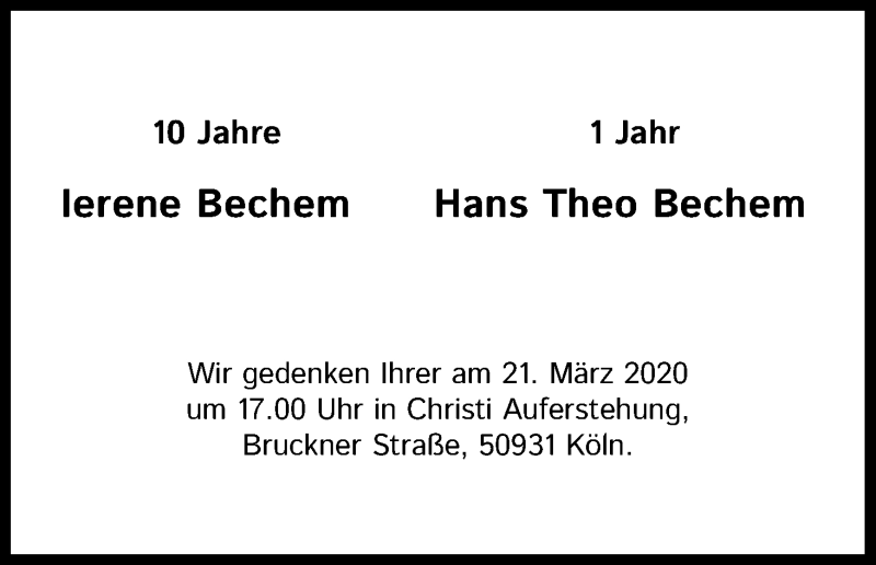 Traueranzeige für Hans Theo Bechem vom 14.03.2020 aus Zeitungsgruppe Köln