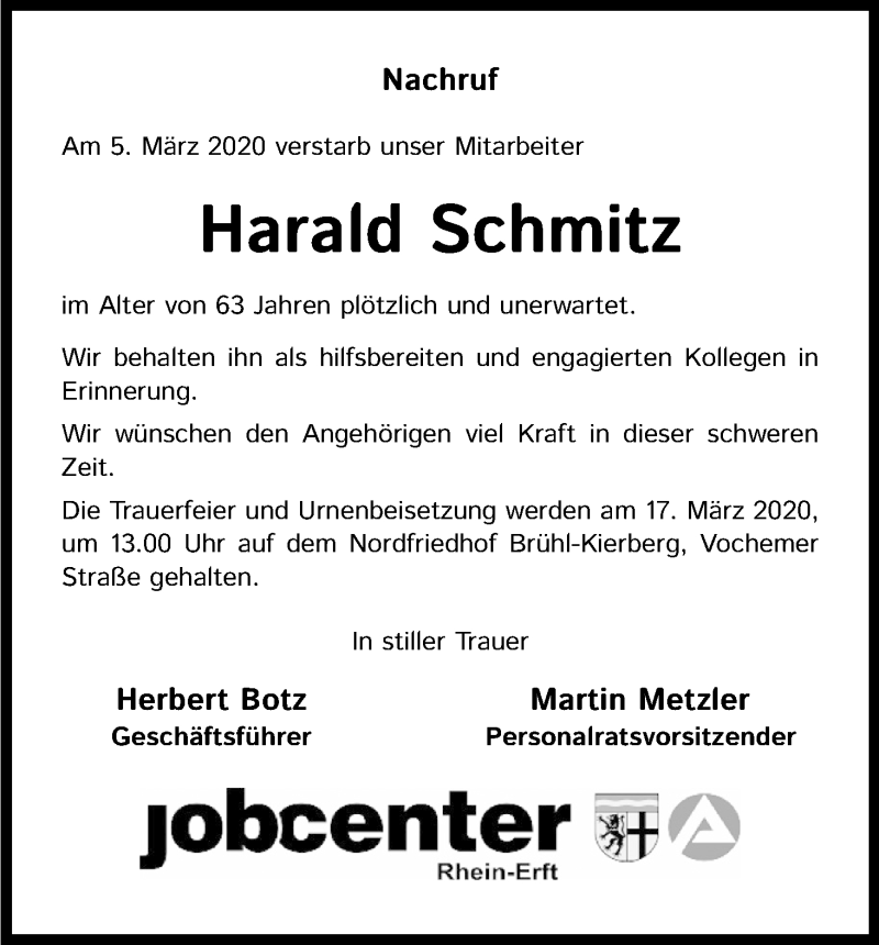  Traueranzeige für Harald Schmitz vom 14.03.2020 aus Zeitungsgruppe Köln