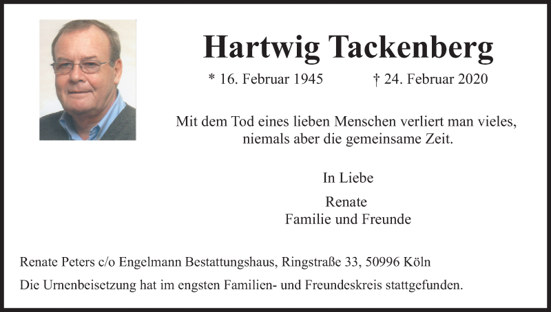  Traueranzeige für Hartwig Tackenberg vom 11.03.2020 aus Kölner Stadt-Anzeiger / Kölnische Rundschau / Express