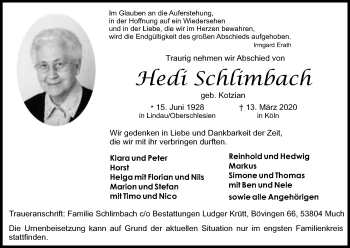 Anzeige von Hedi Schlimbach von Kölner Stadt-Anzeiger / Kölnische Rundschau / Express